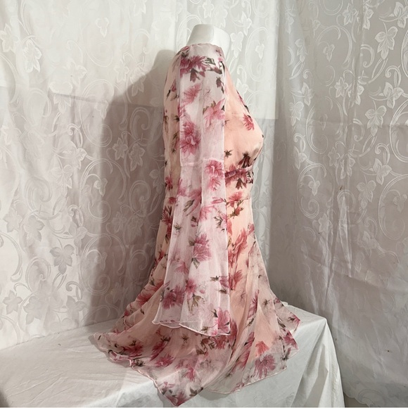 Double Crazy Pink Feminine Fairy Floral Sheer Long Bell Sleeve Flowy Dress - Picture 8 of 12